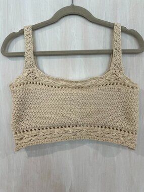 Gorglitter Cream-Colored, Square-Neck, Crochet Crop Top; Size Large